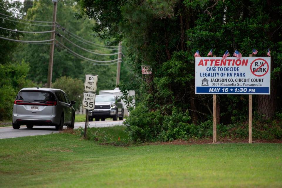 A sign against a proposed RV park on the side of Beachview Drive in Gulf Park Estates on Thursday, May 2, 2024. Eamon Mohiuddin, who owns rental properties in Gulf Park Estates, is against the development of the RV park and filed a lawsuit in attempt to stop it.
