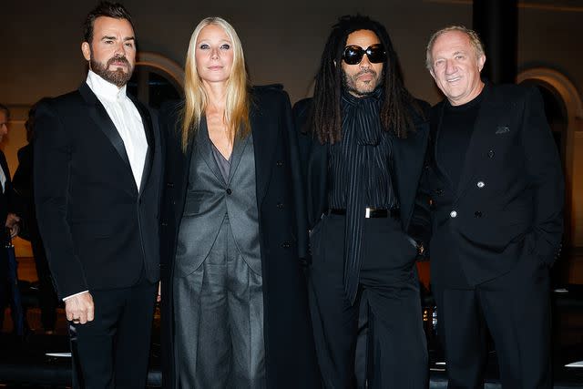 <p>Aitor Rosas Sune/WWD via Getty</p> Justin Theroux, Gwyneth Paltrow, Lenny Kravitz and Francois-Henri Pinault