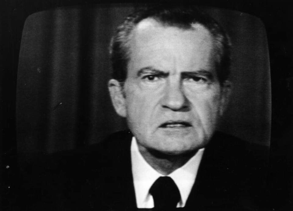 The 37th President of the United States, Richard Nixon, on a television screen. (Photo by Keystone/Getty Images)