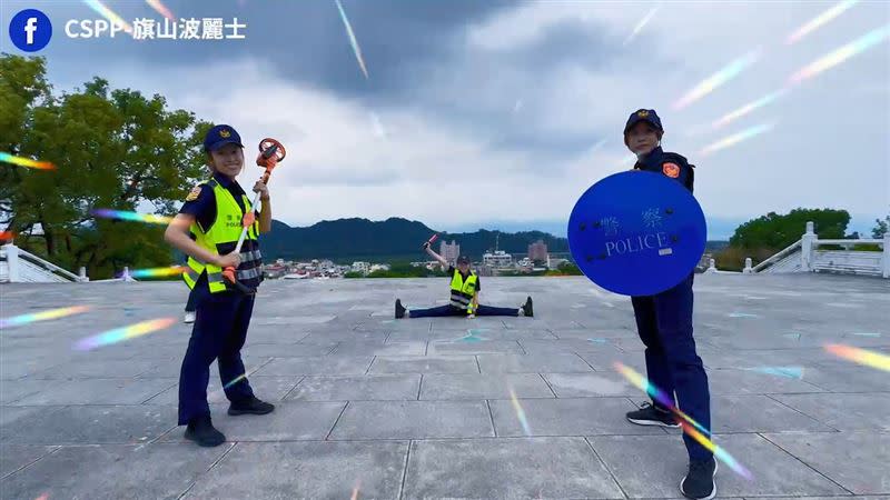 消防員都跳完十六蹲了，警察怎麼可以落後，女警卓筠最後的「一字馬」超厲害。（圖／旗山分局提供）