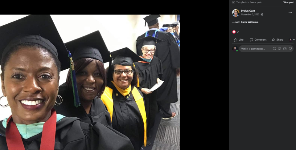 A photo shared on a Facebook shows Carla Williams and classmates at a commencement ceremony in November 2020.