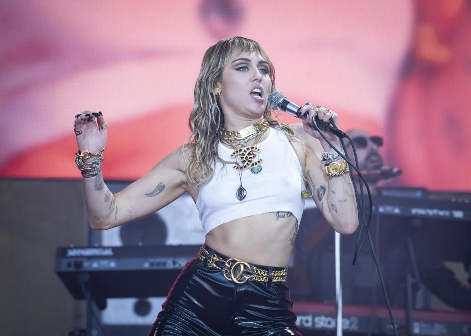 Miley Cyrus performs live on the Pyramid Stage at Worthy Farm, Pilton, Somerset. Picture date: Sunday 30th June 2019.  Photo credit should read:  David Jensen/EMPICS Entertainment