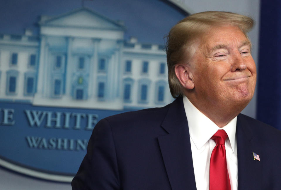 WASHINGTON, DC - APRIL 20: U.S. President Donald Trump speaks at the daily coronavirus briefing at the White House April 20, 2020 in Washington, DC. Oil prices fell below zero today due to a collapse in energy demand and near full capacity of storage tanks in the U.S., brought on by the COVID-19 pandemic lockdown. (Photo by Alex Wong/Getty Images)