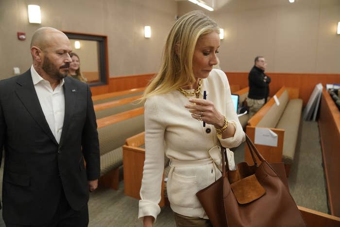 On the second day of the trial, Paltrow decided to wear a $595 ivory Bennett belted crew neck cardigan from her own brand, G. Label by Goop.