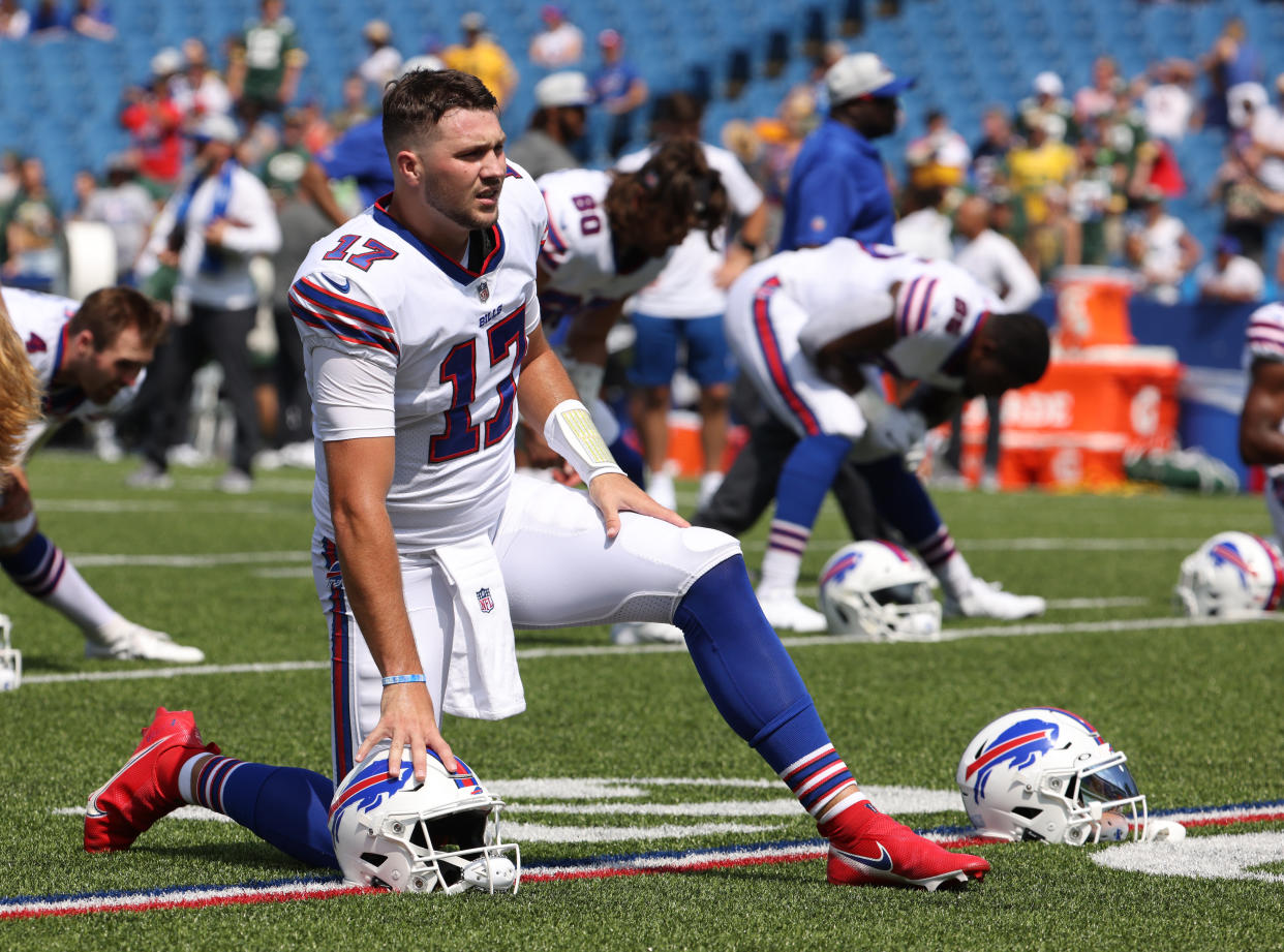 ORCHARD PARK, NY - AUGUST 28: Josh Allen #17 of the Buffalo Bills stretches before a game against the Green Bay Packers at Highmark Stadium on August 28, 2021 in Orchard Park, New York. (Photo by Timothy T Ludwig/Getty Images)