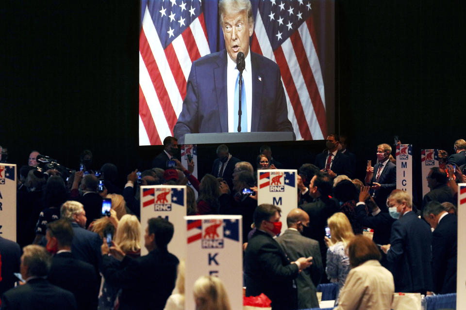 President Donald Trump speaks during the first day of the Republican National Convention Monday, Aug. 24, 2020, in Charlotte, N.C. (Travis Dove/The New York Times via AP, Pool)