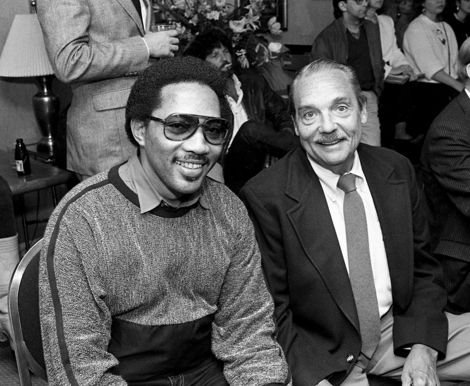 Veteran WLAC rhythm & blues deejay Hoss Allen, right, begins planning the star-studded March 26 Opry House concert that will benefit his cancer-stricken radio brother John R. (Richbourg) March 6, 1985. Among the celebrities who joined "The Hossman" at the Spence Manor is Bobby Jones, left, who was aided by John R.'s pioneering broadcasts of soul sounds.