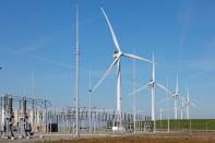 The land station of TenneT and wind turbines are seen at de Maasvlakte in Rotterdam