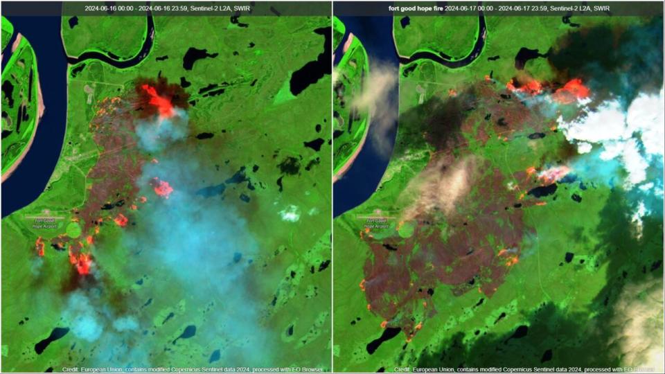 Satellite imagery of the wildfire at Fort Good Hope, N.W.T., shows the size of the burn area on Sunday on the left, compared to Monday on the right. Information from N.W.T. Fire indicates the wildfire has grown much larger since Monday.