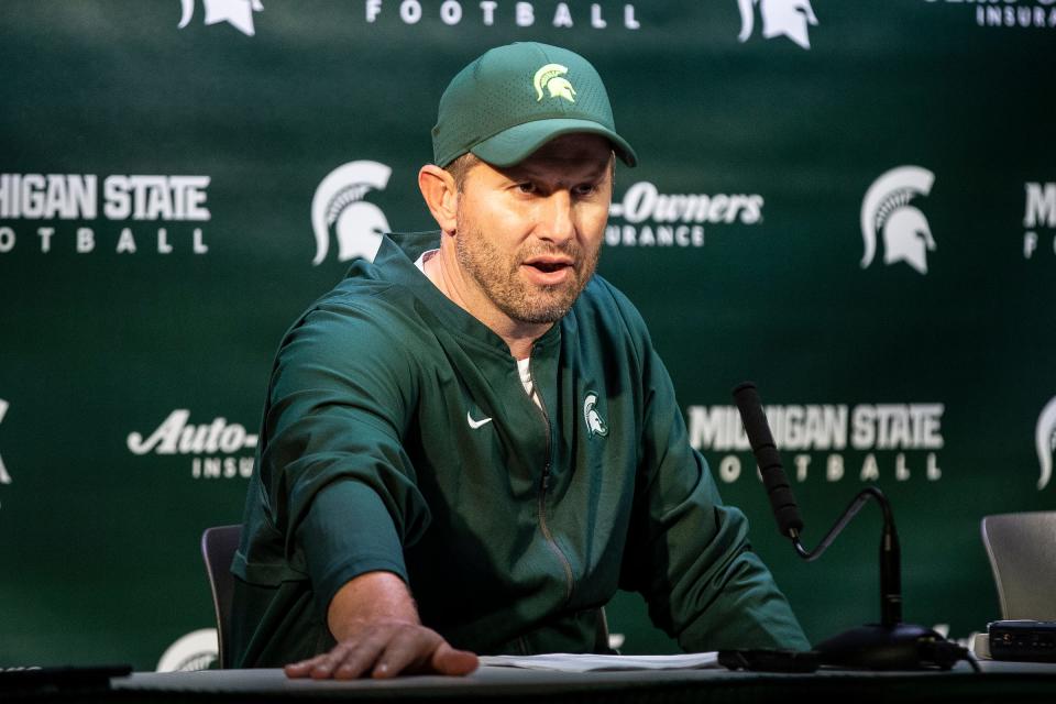 Michigan State defensive coordinator Mike Tressel answers questions after the 51-17 win over Western Michigan at Spartan Stadium, Saturday, September 7, 2019.