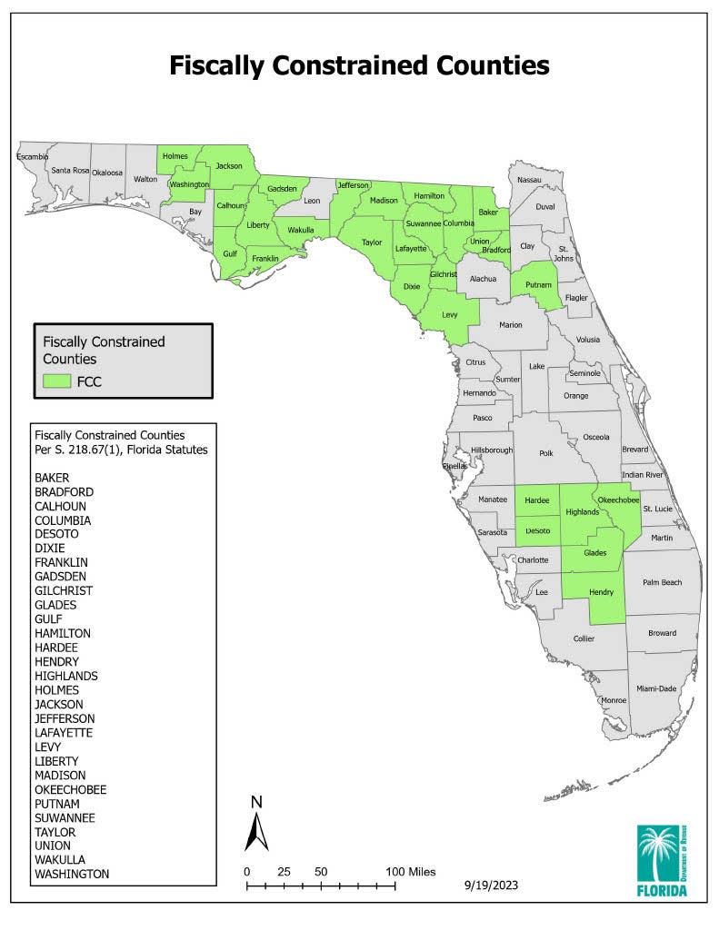 A map of fiscally constrained counties from the Florida Department of Revenue.