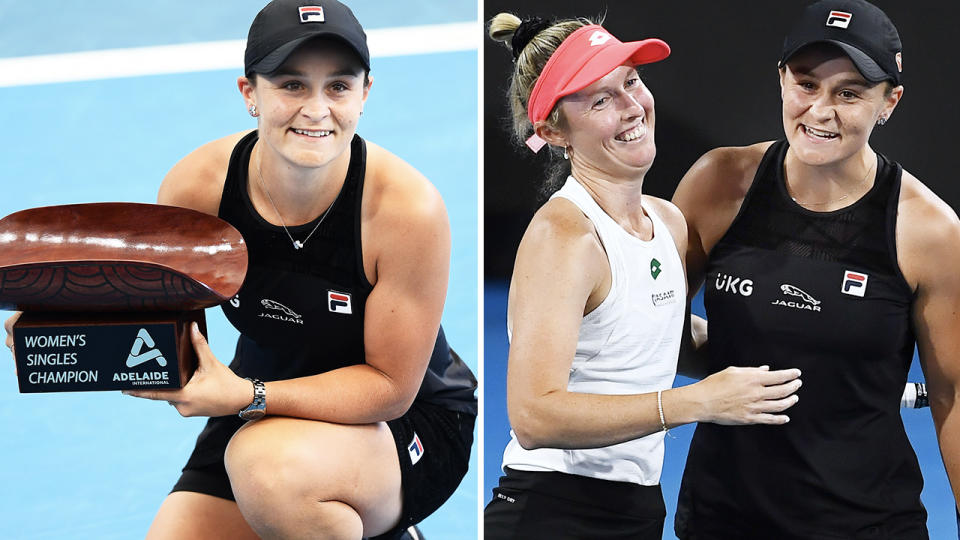 Ash Barty, pictured here after winning the singles and doubles titles at the Adelaide International. 