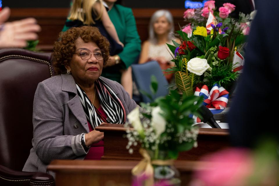 Sen. Geraldine Thompson sits at her desk while waiting for the Senate Session to begin on opening day of the 2023 Florida Legislative Session, Tuesday, March 7, 2023. 