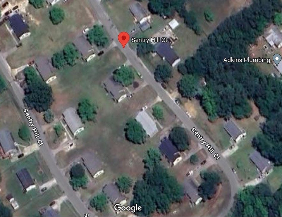 This aerial photo from Google shows the Sentry Woods neighborhood in Dinwiddie County where five people were shot Monday, April 22, 2024. The red pointer indicates the approximate location where the shooting took place. All five victims suffered non-life threatening wounds.