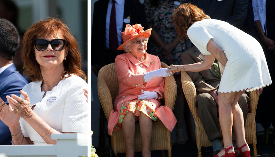 Damit brach sie das royale Protokoll: Susan Sarandon reicht Queen Elizabeth II. die Hand. (Bild: David Hartley/REX/Shutterstock)