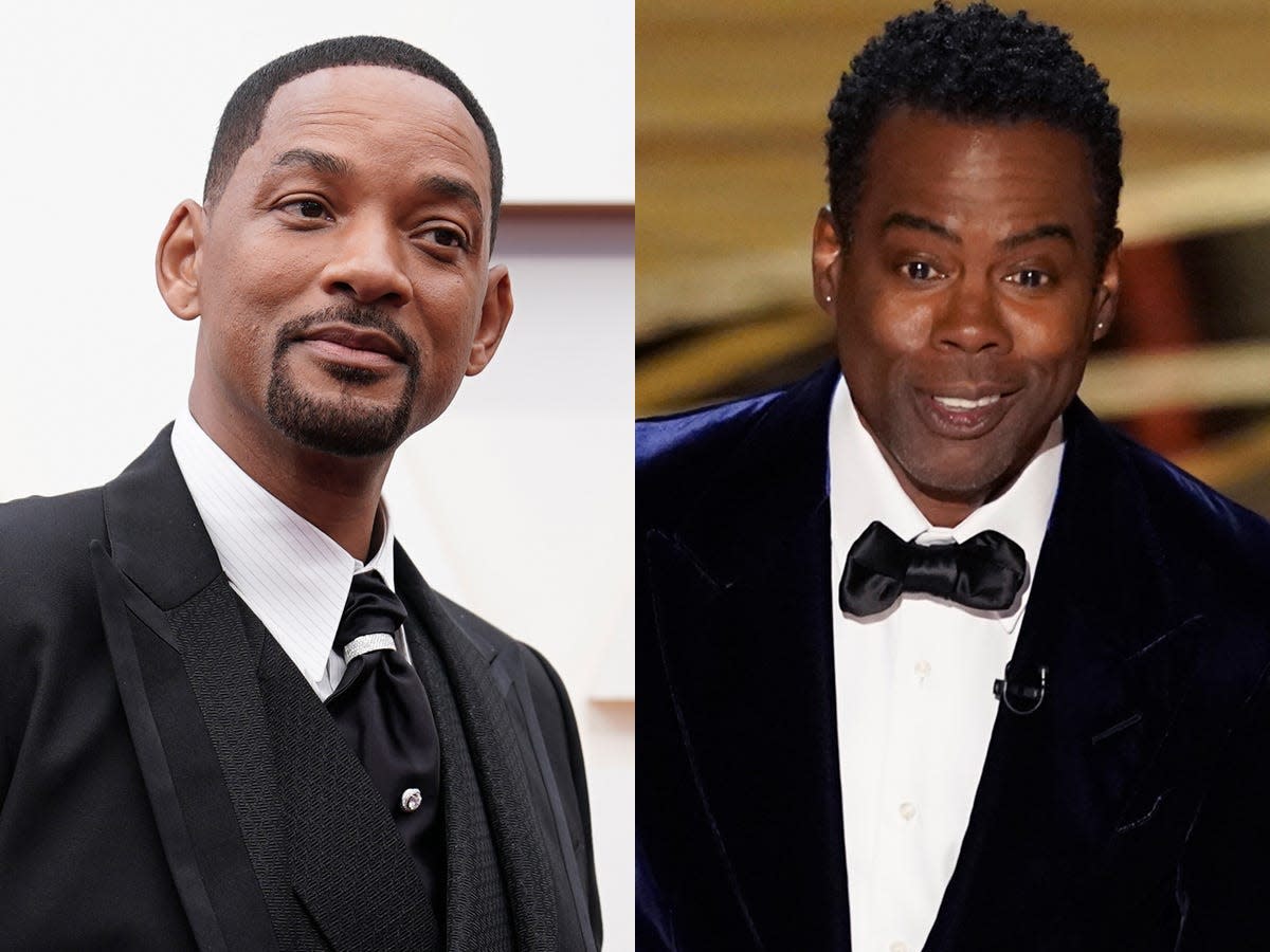 Will Smith and Chris Rock seen in separate photos taken at the 2022 Oscars.