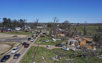 Traffic is backed up along one of the main thoroughfares in Covington, Tenn., Saturday, April 1, 2023. Storms that spawned possibly dozens of tornadoes have killed several people in the South and Midwest. (Patrick Lantrip/Daily Memphian via AP)