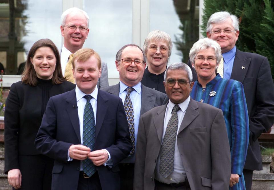 Baroness Maddock, second from right, with Charles Kennedy, front left, Alan Beith, centre, and key parliamentary colleagues during the 2001 general election - Brian Smith