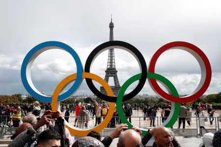 FILE PHOTO - Olympic rings to celebrate the IOC official announcement that Paris won the 2024 Olympic bid are seen in front of the Eiffel Tower at the Trocadero square in Paris, France, September 16, 2017. REUTERS/Benoit Tessier