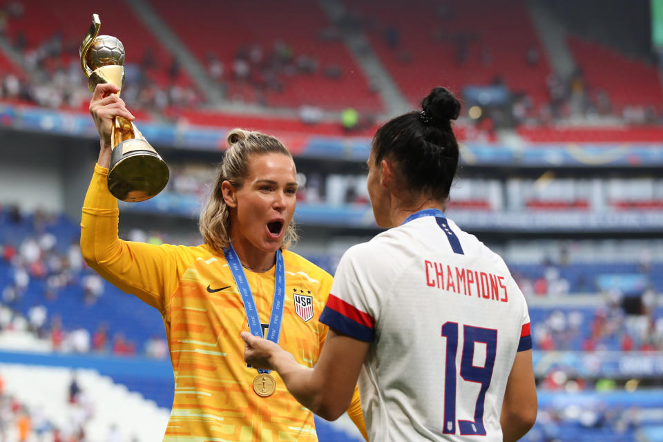 Ashlyn Harris and Ali Kriger won the World Cup together for a second time last summer in France. (Photo by Marc Atkins/Getty Images)