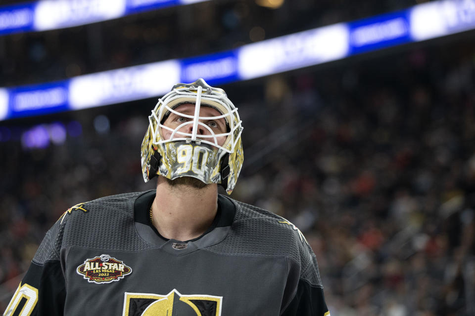 Vegas Golden Knights goaltender Robin Lehner (90) skates around the net during the first period of an NHL hockey game against the Calgary Flames Sunday, Dec. 5, 2021, in Las Vegas. (AP Photo/Ellen Schmidt)