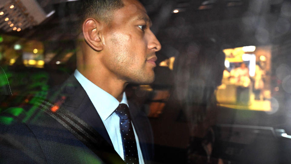 Israel Folau leaves his code of conduct hearing. (Photo by SAEED KHAN/AFP/Getty Images)