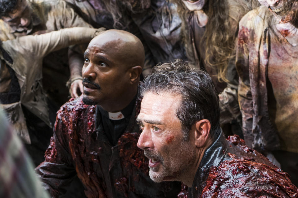 <p>Seth Gilliam as Father Gabriel Stokes and Jeffrey Dean Morgan as Negan in AMC’s <i>The Walking Dead.><br> (Photo: Gene Page/AMC)</i> </p>