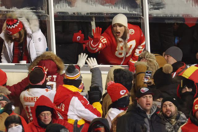 <p>Jamie Squire/Getty</p> Taylor Swift at the Kansas City Chiefs game on Jan. 13, 2024