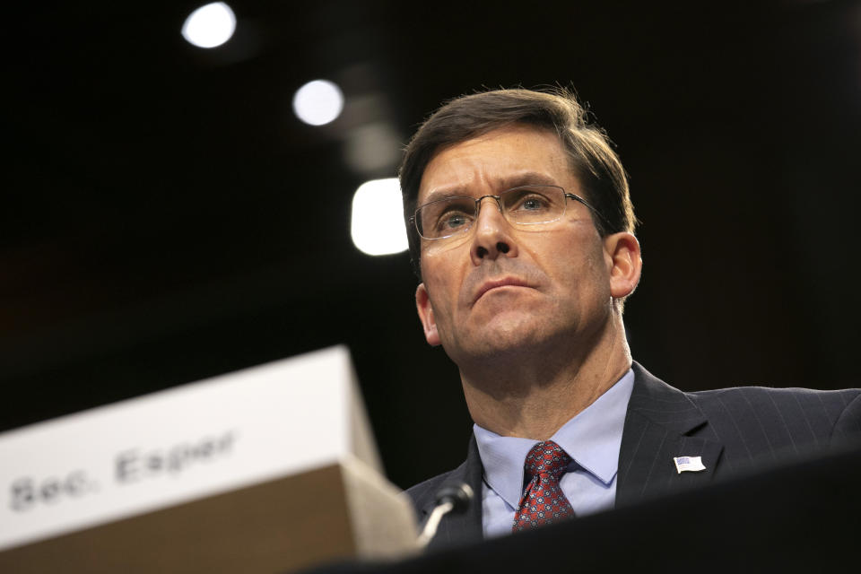 Defense Secretary Mark Esper testifies to the Senate Armed Services Committee about the budget, Wednesday, March 4, 2020, on Capitol Hill in Washington. (AP Photo/Jacquelyn Martin)