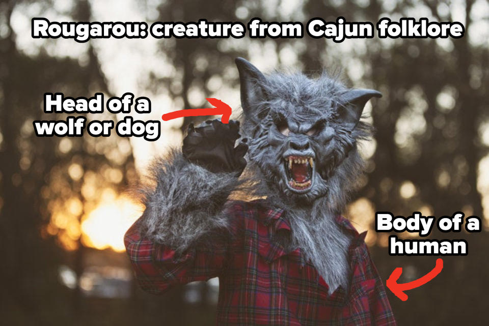 Description of a rougarou, a creature from Cajun folklore with the head of a dog/wolf and the body of a human