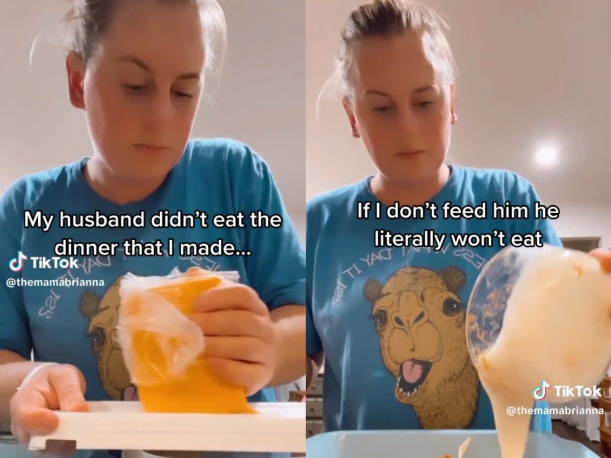 A TikToker named Brianna shows how she makes a new meal for her husband if he refuses to eat the dinner she already prepared (TikTok/themamabrianna)
