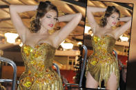 Achtung, Sprengstoff! Model Kelly Brook hüpfen die Brüste fast aus der goldenen Corsage. Unverschämt sexy, Frau Brook. (Bild: splash news)