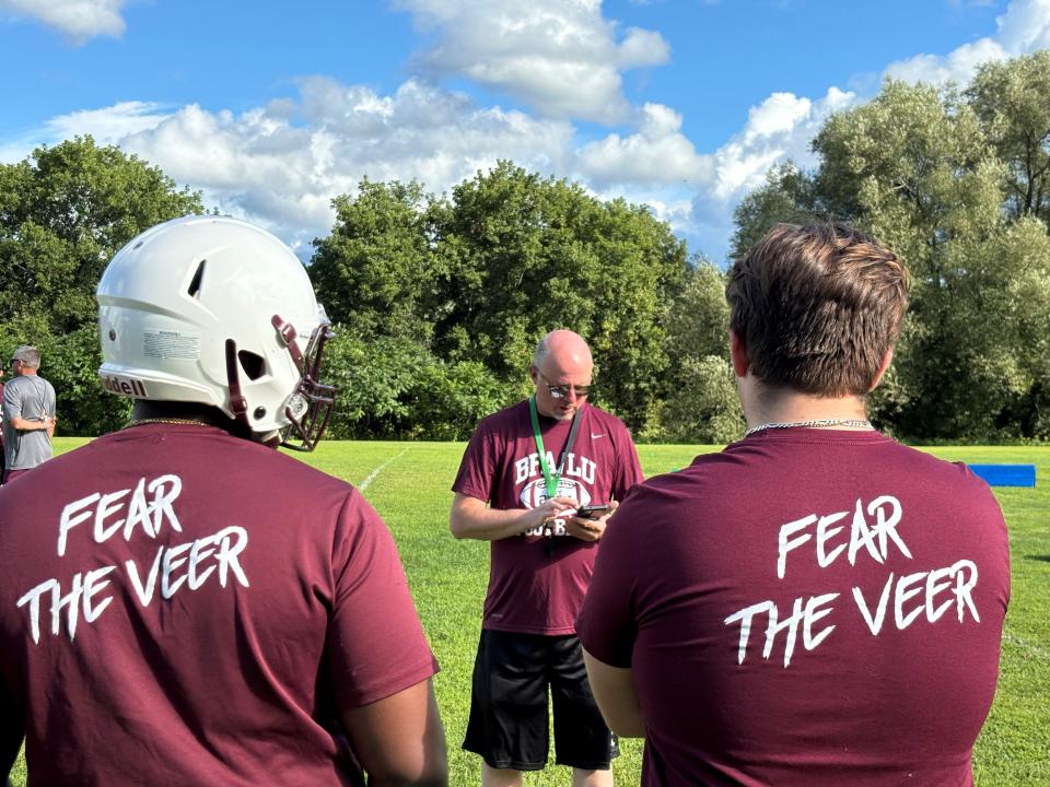 BFA-Fairfax/Lamoille coach Craig Sleeman talks to players during the first day of preseason practice on Monday, Aug. 12, 2024.