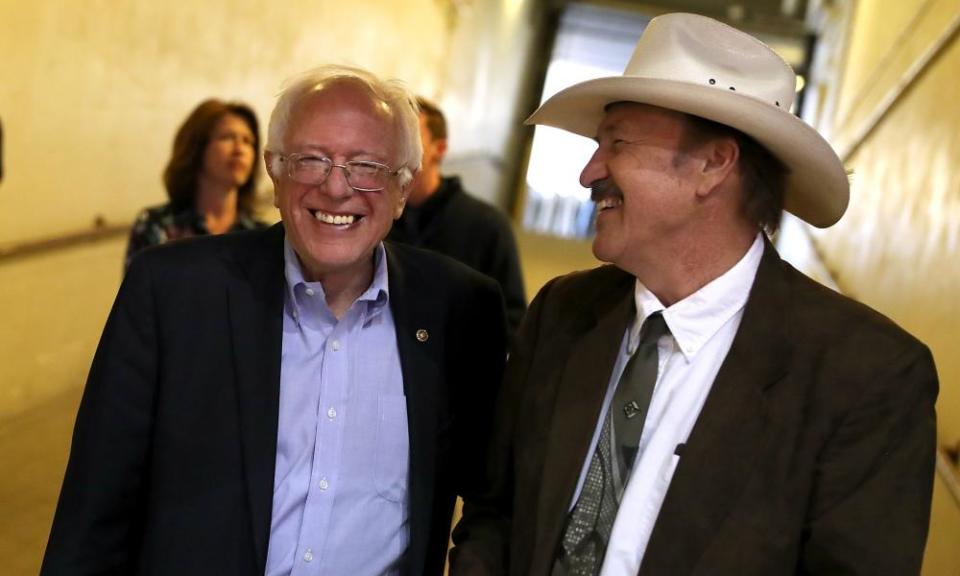 Rob Quist, the folk-singing political neophyte who is running against Greg Gianforte, at a campaign rally in Missoula with Bernie Sanders.