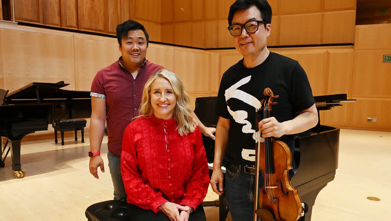 Violinist David Park is joined by pianists Melissa Ballard and Alex Marshall as they pose for photos at Libby Gardner Hall at the University of Utah in Salt Lake City on Monday, Sept. 11, 2023. The three will be performing together at Carnegie Hall in New York.