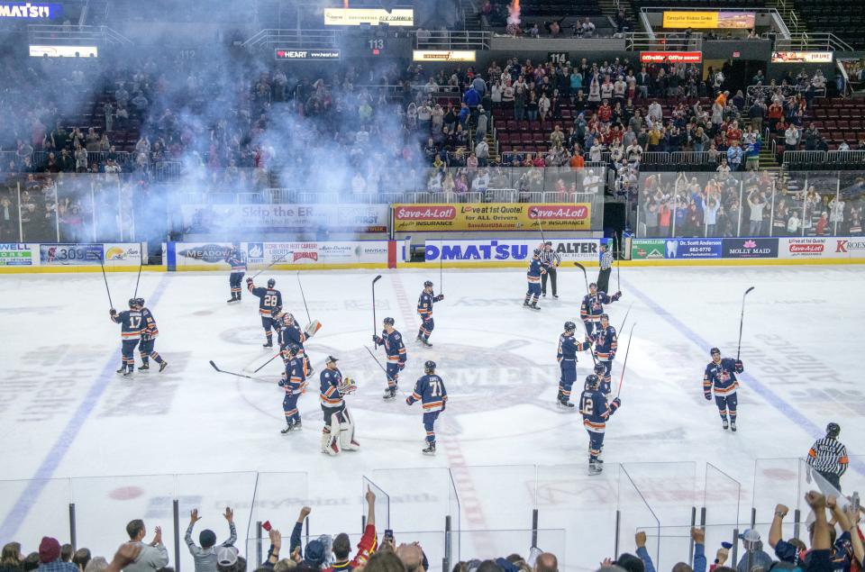 The Peoria Rivermen acknowledge the crowd after their 5-3 victory over the Roanoke Rail Yard Dawgs in Game 2 of the SPHL semifinals Friday, April 21, 2023 at Carver Arena.