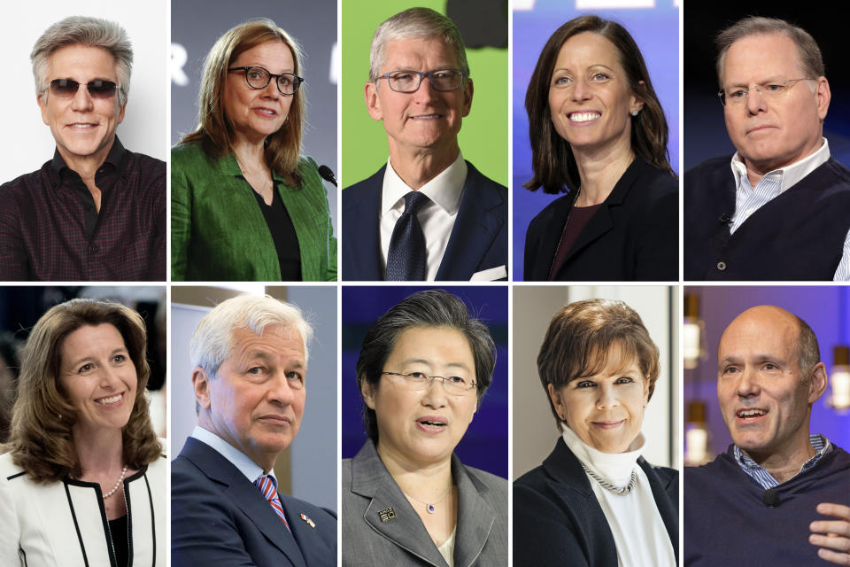 This combination photo shows the highest paid male and female CEOs in the S&P 500 index for 2021, as calculated by The Associated Press and Equilar, an executive data firm. Top row, from left, Bill McDermott of ServiceNow, Mary Barra of General Motors, Tim Cook of Apple, Adena Friedman of Nasdaq, and David Zaslav of Warner Bros. Discovery. Bottom row, from left, Kathy Warden of Northrop Grumman, Jamie Dimon of JPMorgan Chase, Lisa Su of Advanced Micro Devices, Phebe Novakovic of General Dynamics, and Peter Kern of Expedia Group. The median pay package for the CEOs of the biggest U.S. companies rose 17.1% in 2021 as the economy rebounded and company profits and stock prices jumped. (AP Photo)