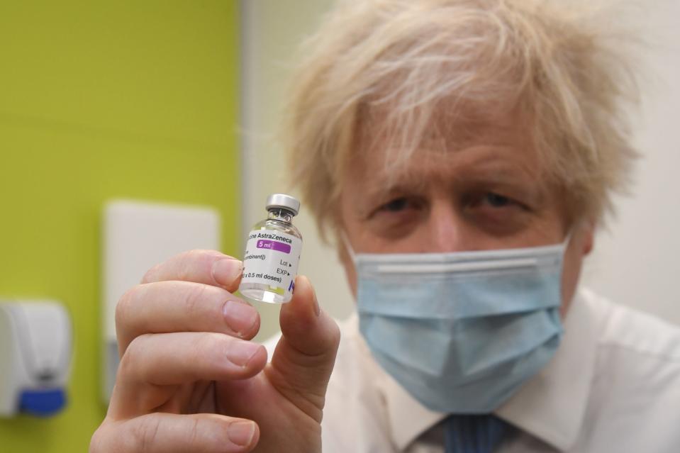 <p>The prime minister visits a vaccination centre at the Health and Well-being Centre in Orpington, southeast London, on Monday</p> (PA)