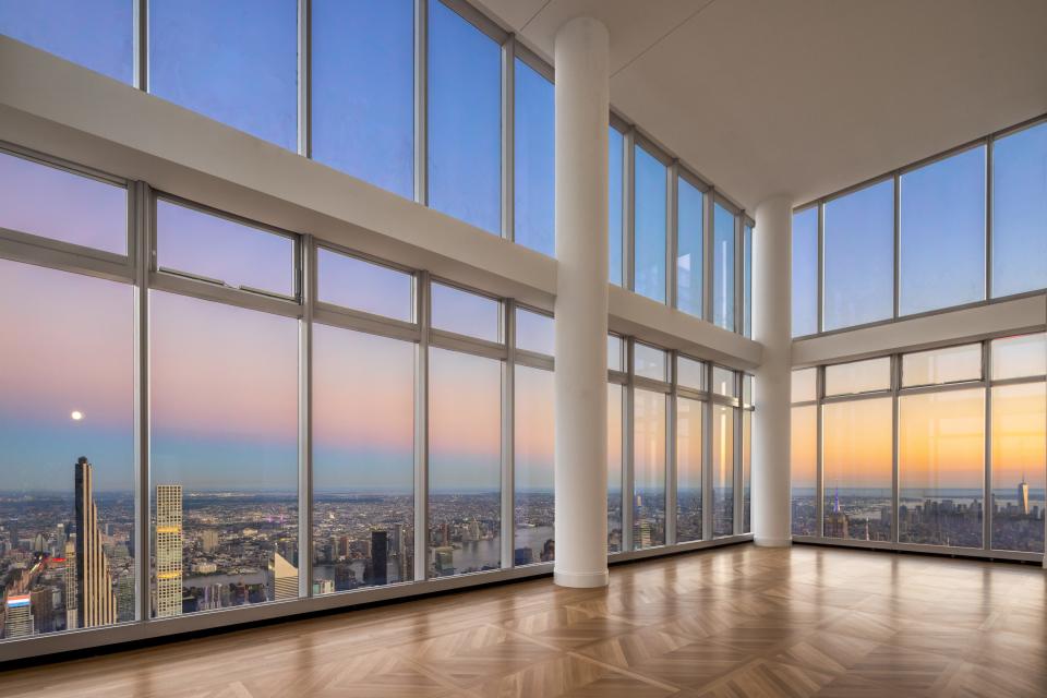 grand salon with floor-to-ceiling windows in the $250 million New York City penthouse at Central Park Tower