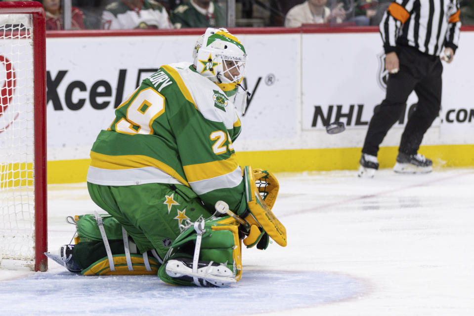 Minnesota Wild goaltender Marc-Andre Fleury makes a save during the second period of an NHL hockey game against Winnipeg Jets, Sunday, Dec. 31, 2023, in St. Paul, Minn. (AP Photo/Bailey Hillesheim)