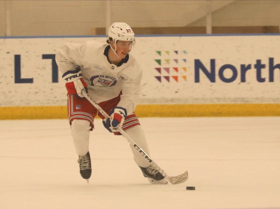 Gabe Perreault in action during the New York Rangers development camp at their training center in Tarrytown, July 5, 2023. 