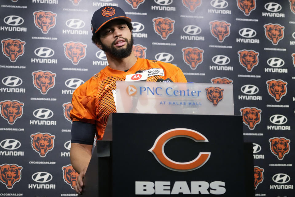 Chicago Bears No. 1 draft pick quarterback Caleb Williams listens to reporters during a news conference before the NFL football team's rookie camp at Halas Hall in Lake Forest, Ill., Friday, May 10, 2024. (AP Photo/Nam Y. Huh)