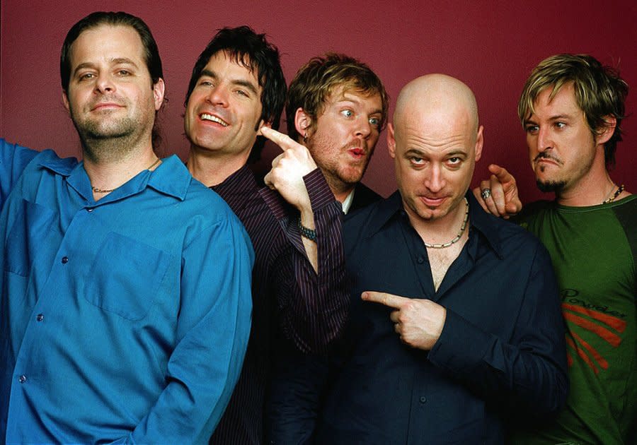 Members of the rock group Train, Rob Hotchkiss, left, Patrick Monahan, Scott Underwood, Jimmy Stafford and Charlie Colin pose in New York, Feb. 15, 2002. Train pulls into this year’s Grammys with an eye-opening five nominations, including Song of the Year and Record of the Year. The band also is to perform, with the Los Angeles Philharmonic, at the internationally televised Grammy ceremony on Feb. 28. Train’s sophomore album, “Drops of Jupiter,” has sold 3 million copies so far, eclipsing their 1999 Columbia debut, “Train.” (AP Photo/Jim Cooper)