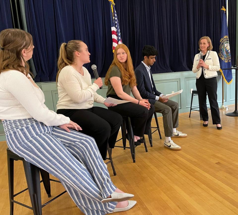 Joyce Craig, former Manchester mayor and Democratic gubernatorial candidate, takes questions from a panel of students at Exeter Town Hall on Sunday, May 5, 2024.