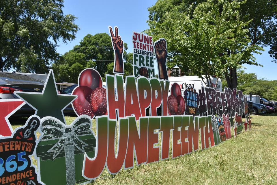 Large cutout letters helped welcome festival-goers to the Music City Freedom Festival at Hadley Park in North Nashville, Tenn., on Sunday, June 19, 2022.