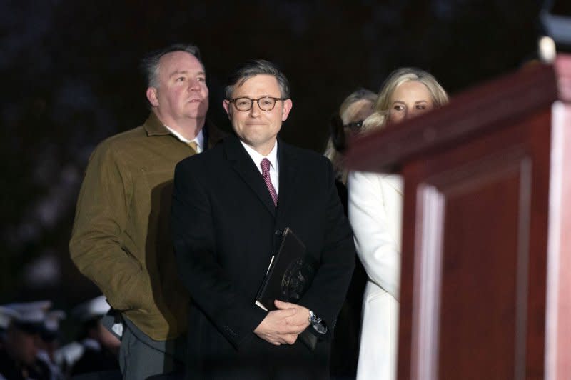 Speaker of the House Mike Johnson, R-LA, looks on Tuesday during the 2023 Capitol Christmas Tree lighting ceremony on the West Front Lawn of the U.S. Capitol in Washington, D.C. Photo by Bonnie Cash/UPI.