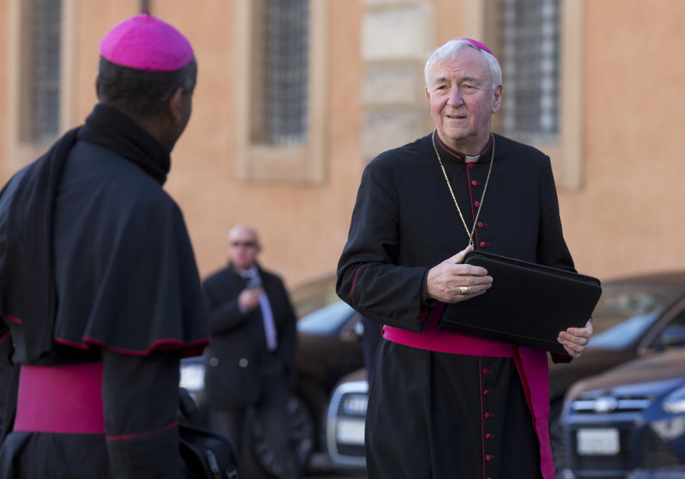 Vincent Gerard Nichols, archbishop of Westminster arrives at the morning session of an extraordinary consistory in the Synod hall at the Vatican City, Friday, Feb. 21, 2014. Nichols is one of the 19 prelates who will be elevated to cardinal by Pope Francis during a ceremony Saturday.(AP Photo/Alessandra Tarantino)