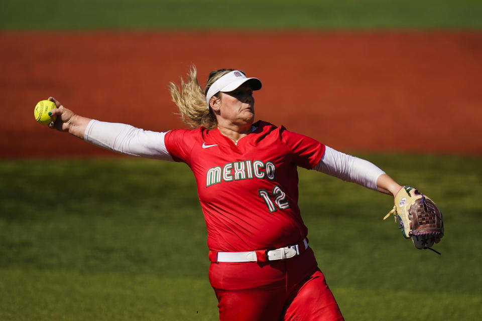 Mexico's Dallas Escobedo pitches during the second inning during a softball game the United States at the 2020 Summer Olympics, Saturday, July 24, 2021, in Yokohama, Japan. (AP Photo/Matt Slocum)