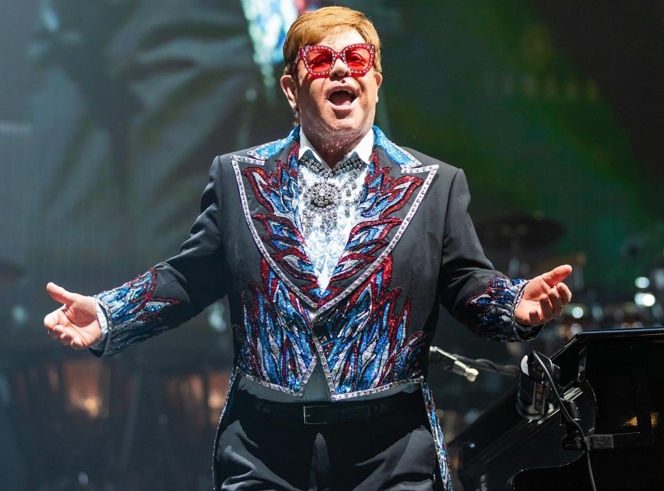 Elton John performs on stage during his Farewell Yellow Brick Road tour stop at Rod Laver Arena in Melbourne, Australia, on Tuesday.