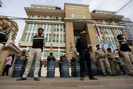 District authorities and police officers stand guard in front of the Phnom Penh Municipal Court during a verdict of land rights activist Tep Vanny, in central Phnom Penh, Cambodia, February 23, 2017. REUTERS/Samrang Pring